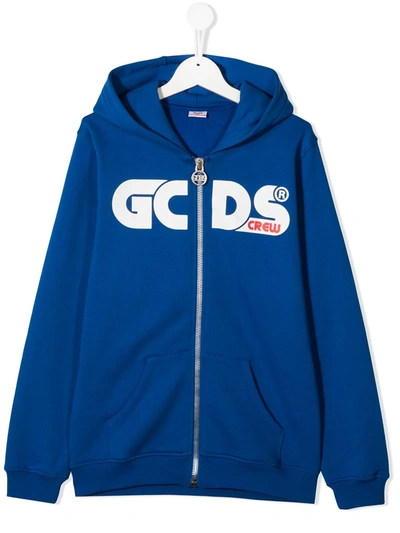 Gcds Kids' Logo Print Cotton Sweatshirt Hoodie In Blue