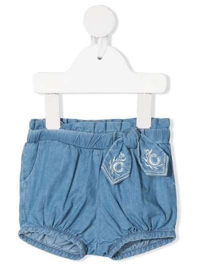 Chloé Babies' Bow-detail Denim Shorts In Navy