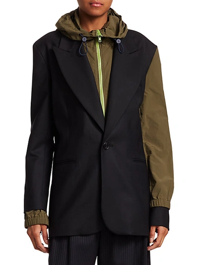 Monse Wool & Nylon Double Layered Blazer Jacket In Midnight Olive