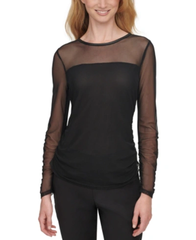Dkny Womens Mesh Long Sleeve Pullover Top In Black
