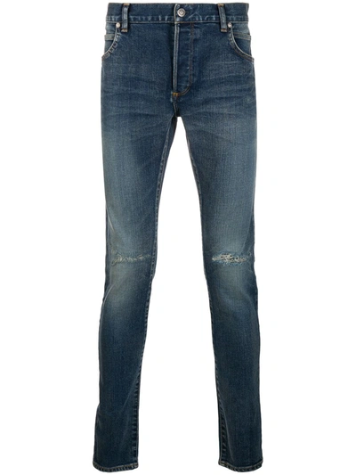 Balmain Distressed Slim-fit Jeans In Blue