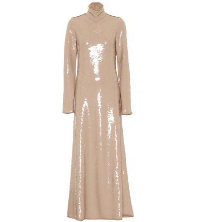 Bottega Veneta Open-back Sequined Jersey Turtleneck Gown In Neutral