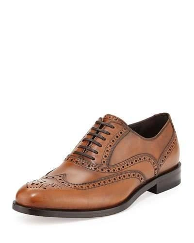 Ferragamo Men's Calfskin Wing-tip Lace-up Oxford, Light Brown