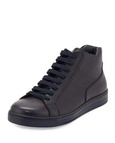Prada Men's Leather Zip-side High-top Sneakers, Blue