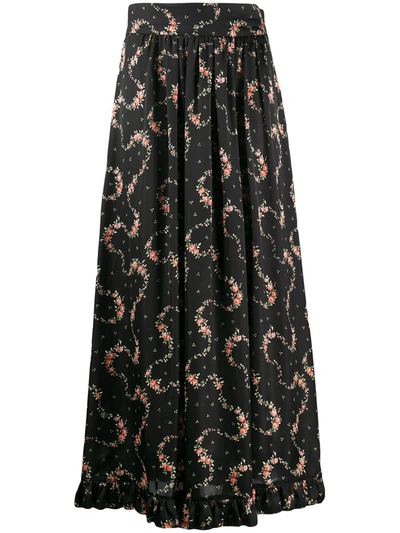 Paco Rabanne Lace-trimmed Floral-print Satin Midi Skirt In Black,green,pink