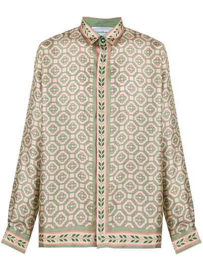 Casablanca Print Long Sleeve Silk Twill Shirt In Beige,green,pink