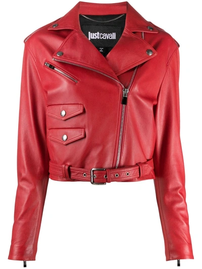 Just Cavalli Cropped Biker Jacket In Red