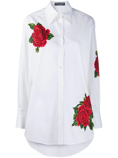 Dolce & Gabbana Rose-embroidered Cotton Poplin Shirt In White