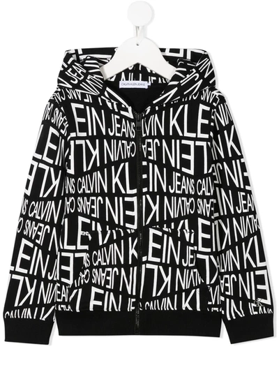 Calvin Klein Kids' All-over Logo Hooded Sweatshirt In Black