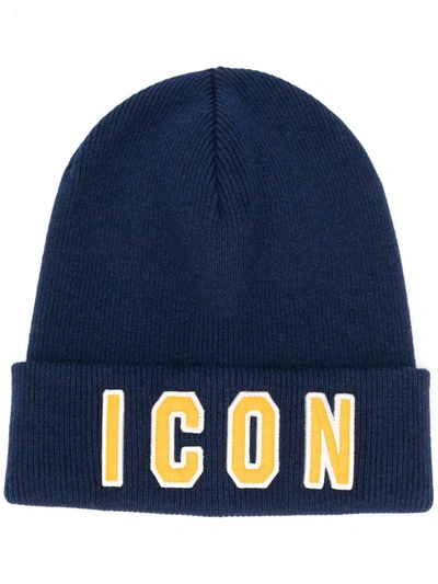 Dsquared2 Icon Patch Knit Wool Beanie Hat In Blue