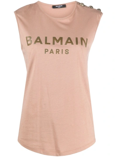 Balmain Sleeveless Logo Print Cotton Jersey Top In Neutrals