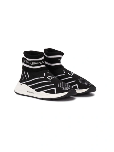 Dolce & Gabbana Logo Striped Sock High-top Sneakers, Toddler/kids In Black