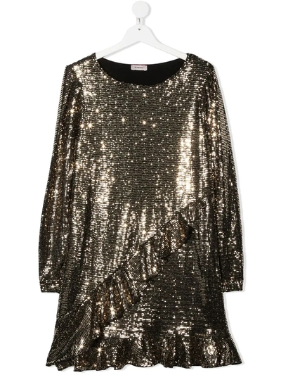 Pinko Teen Sequin Flounce-trimmed Dress In Gold