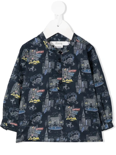 Bonpoint Babies' Collarless Graphic Print Shirt In Navy