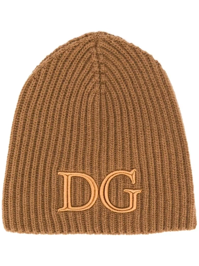 Dolce & Gabbana Logo-embroidered Ribbed Beanie In Brown