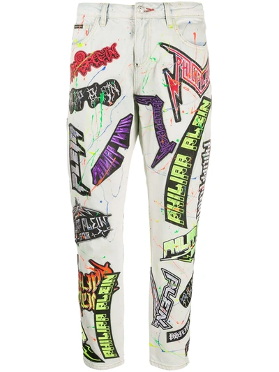 Philipp Plein Logo-patch Paint Splatter Jeans In Blue