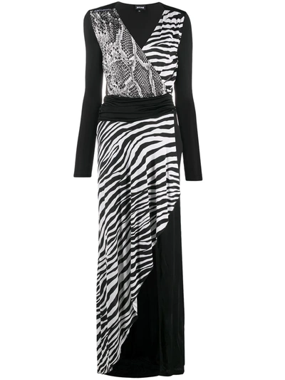 Just Cavalli Wrap-effect Ruched Printed Satin-jersey Maxi Dress In Black