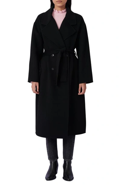 Maje Double Breasted Belted Wool Blend Coat In Black
