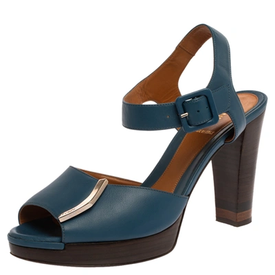 Pre-owned Fendi Blue Leather Metal Logo Embellished Open Toe Platform Block Heel Ankle Strap Sandals Size 40