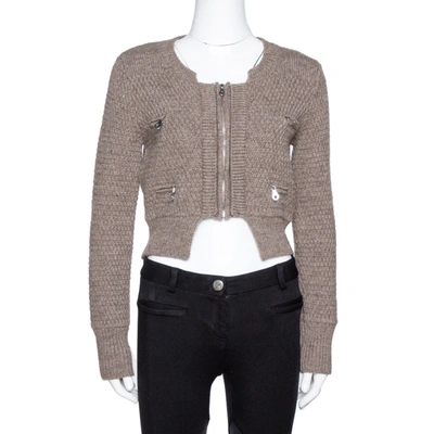 Pre-owned Chloé Nuage Wool Knit Cropped Zip Front Jacket Xs In Brown