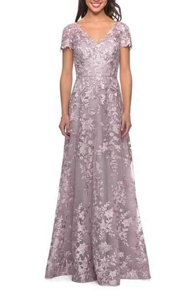 La Femme Embroidered Lace A-line Gown In Antique Blush
