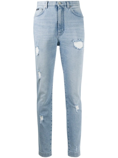 Dolce & Gabbana Logo Patch Ripped Skinny Jeans In Blue