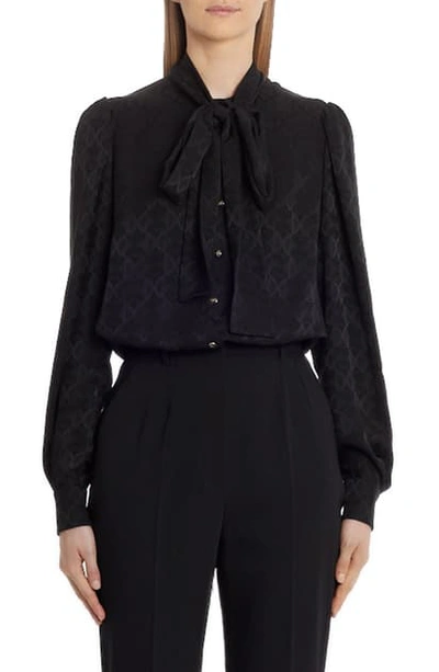 Dolce & Gabbana Tie Neck Logo Jacquard Silk Shirt In Black