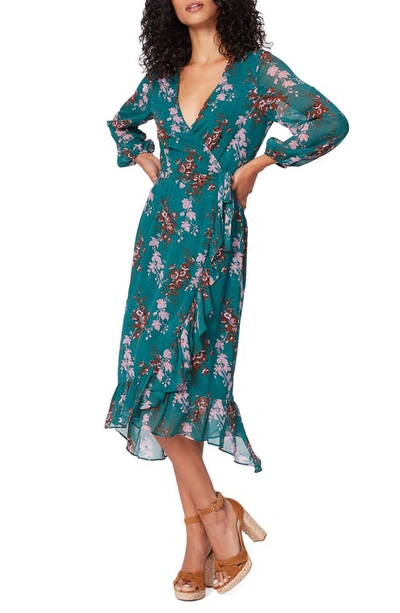 Paige Palazzo Print Long Sleeve Silk Wrap Dress In Dark Aqua Multi