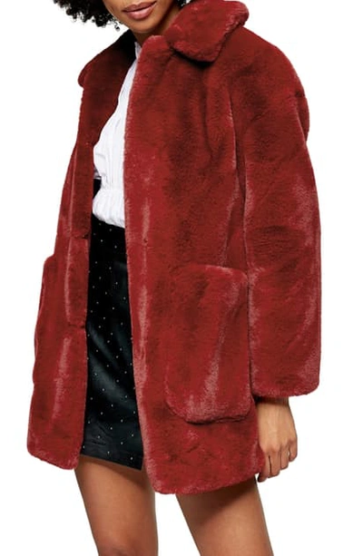Topshop Eddie Faux Fur Coat In Red