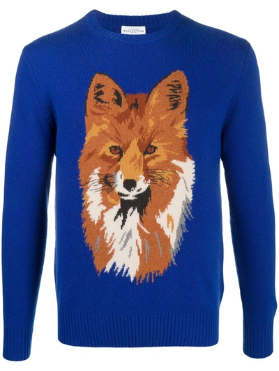 Ballantyne Electric Blue Cashmere Pullover With Fox Inlay