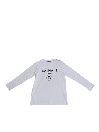 Balmain Kids' Long Sleeves T-shirt In White With Black Logo