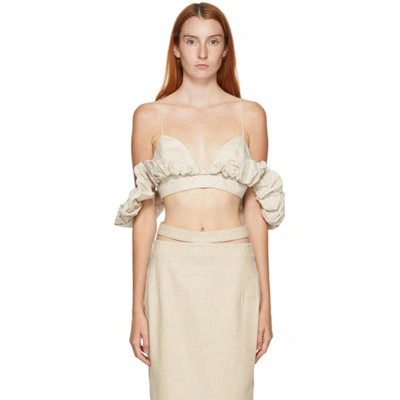 Jacquemus Le Haut Pampelonne Cropped Ruffled Cotton And Linen-blend Top In Neutral