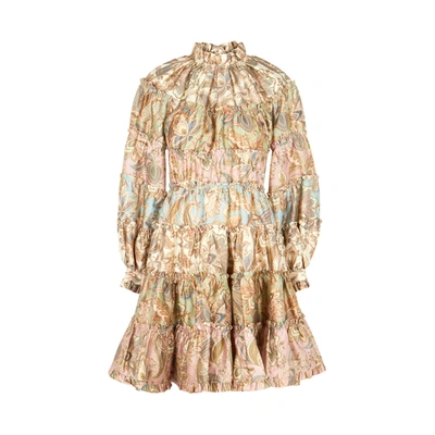 Zimmermann Ladybeetle Printed Ruffle-trimmed Mini Dress In Cream