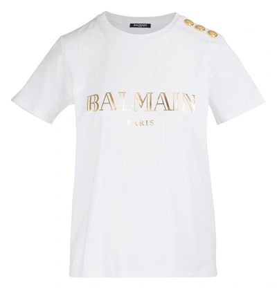 Balmain T-shirt In Cotone Con Logo In Gad Blanc Or