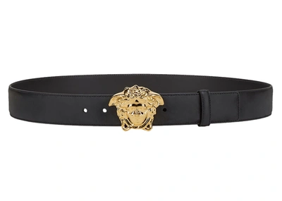 Pre-owned Versace  Palazzo Belt With Medusa Buckle Gold-tone Black