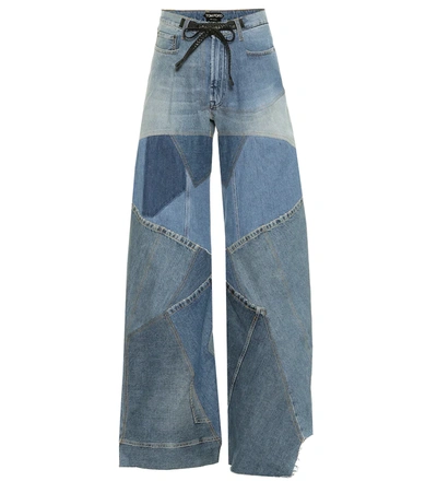 Tom Ford Leather-trimmed Distressed Patchwork High-rise Wide-leg Jeans In Combo Blue Shades