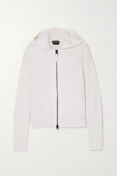 Tom Ford Leather-trimmed Cashmere-blend Bouclé Hoodie In White