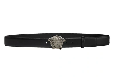 Pre-owned Versace  Palazzo Belt With Medusa Buckle Ruthenium-tone Black