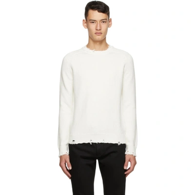 Saint Laurent Distressed Crewneck Sweater In White