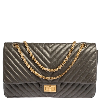 Pre-owned Chanel Olive Green Chevron Leather Reissue 2.55 Classic 227 Flap Bag