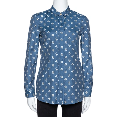 Pre-owned Burberry Brit Blue Printed Cotton & Silk Long Sleeve Shirt Xs