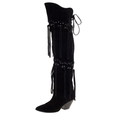 Pre-owned Giuseppe Zanotti Black Suede Leather Studded Fringe Over The Knee Boots Size 41