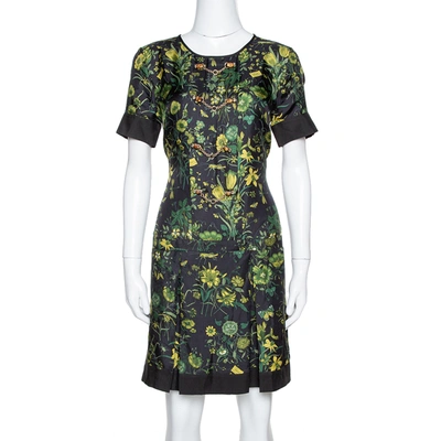 Pre-owned Gucci Black Floral Print Silk Bamboo Chain Detail Mini Dress M
