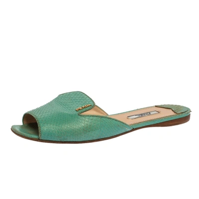 Pre-owned Prada Green Ayers Snake Leather Flat Slides Size 37