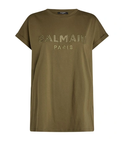 Balmain Satin-logo T-shirt In Olive