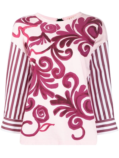 Marni Striped Sleeves Floral Print Blouse In Pink