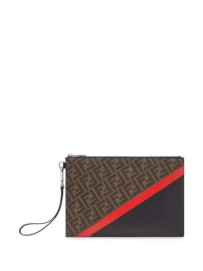 Fendi Ff Logo Pattern Clutch In Black And Brown