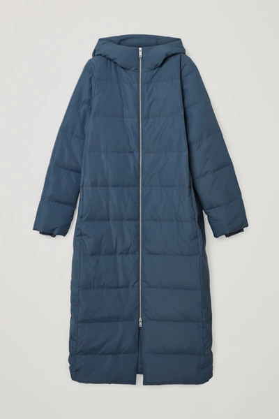 Cos Longline Hooded Puffer Coat In Blue