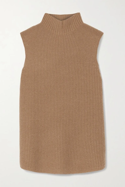 Theory Ribbed Cashmere Turtleneck Top In Camel