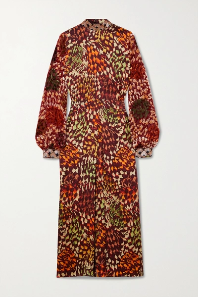 Dries Van Noten Bead-embellished Printed Satin And Flocked Chiffon Midi Dress In Rust